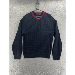 VTG 90s Saddlebred Sweater Mens M Blue Pullover V-Neck Grandpacore LS Cable Knit